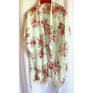 Romantic Boho Kimono Swim Cover Robe Mint Green Red Rose Festival One Size